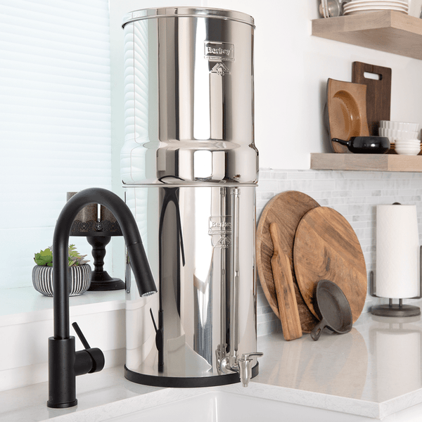 Crown Berkey displayed in a kitchen setting with an optional BERKEY WATER VIEW